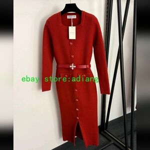 NWT XXS Self-Portrait Red Long Sleeve Button-Down Ribbed Knit Midi Dress